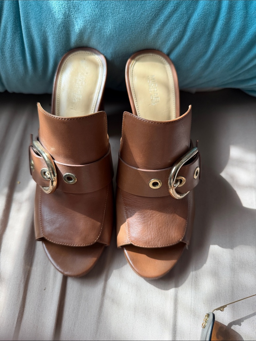Michael Kors Cognac Brown Leather Buckle Mule Heels